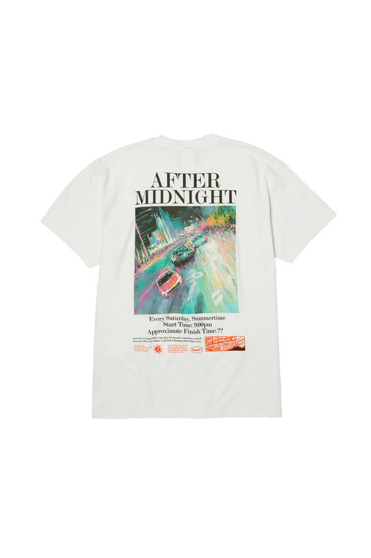 HUF After Midnight T-Shirt White featuring a large back graphic print with vibrant night street racing artwork, premium 250gsm cotton fabric and authentic skate streetwear style