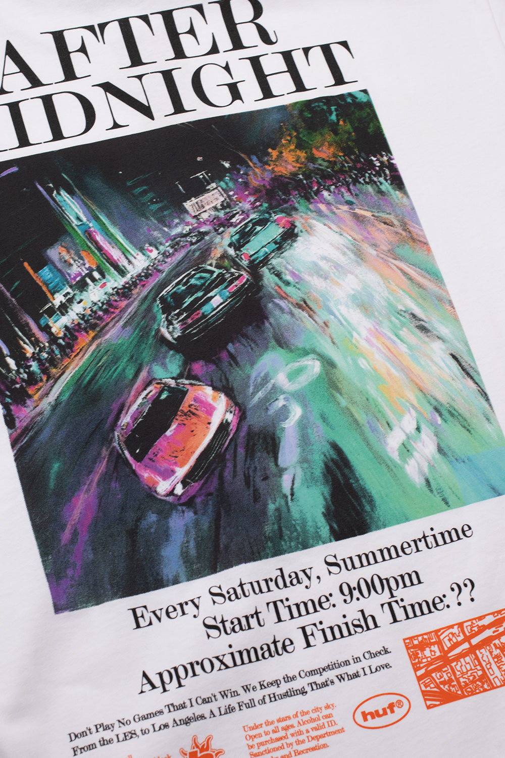Detailed view of the HUF After Midnight rear graphic showcasing dynamic nighttime city scenery and artistic automotive-inspired illustration