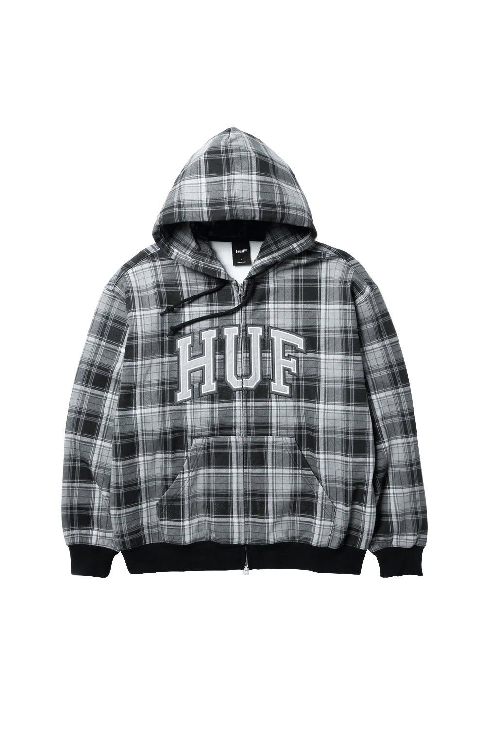Front view of the HUF Arch Plaid Full-Zip Heavyweight Hoodie in Black, tailored from 380gsm 100% cotton fleece in a relaxed boxy cut, featuring a monochrome black, grey, and white plaid tartan pattern, a split front kangaroo pocket, adjustable drawstring hood, dual-slider YKK silver front zipper, black ribbed knit cuffs and hem, and an arched varsity HUF tackle twill logo applique sewn across the center chest.