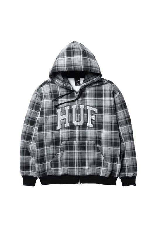Front view of the HUF Arch Plaid Full-Zip Heavyweight Hoodie in Black, tailored from 380gsm 100% cotton fleece in a relaxed boxy cut, featuring a monochrome black, grey, and white plaid tartan pattern, a split front kangaroo pocket, adjustable drawstring hood, dual-slider YKK silver front zipper, black ribbed knit cuffs and hem, and an arched varsity HUF tackle twill logo applique sewn across the center chest.