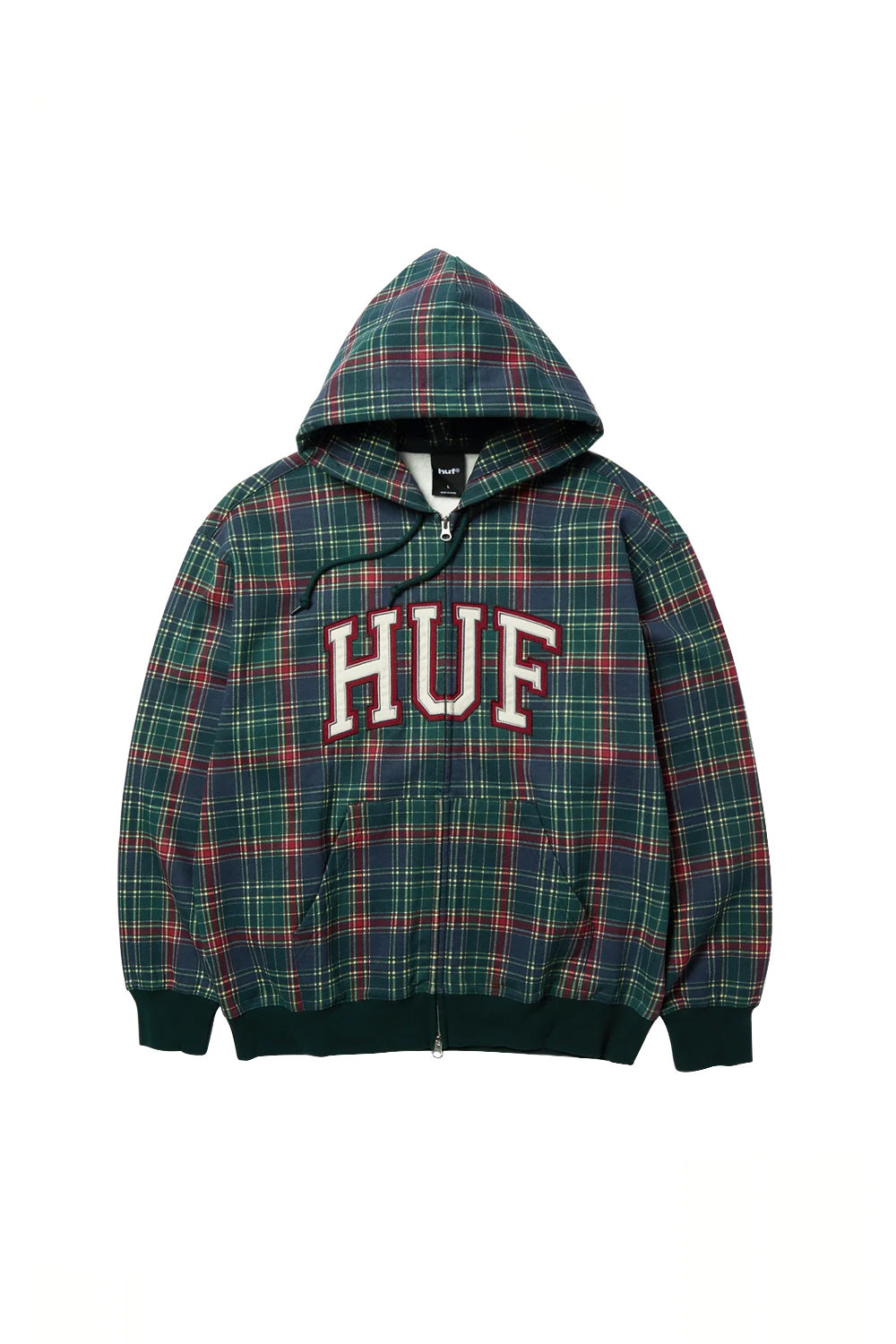 Front view of the HUF Arch Plaid Full-Zip Heavyweight Hoodie in Forest green, tailored from 380gsm 100% cotton fleece in a relaxed boxy cut, showcasing an all-over tartan check pattern in dark green, navy blue, and burgundy red, a split kangaroo pocket, matching drawstring hood, dual-slider YKK front zipper, dark green ribbed cuffs and hem, and a large sewn-on arched collegiate HUF logo chest patch.