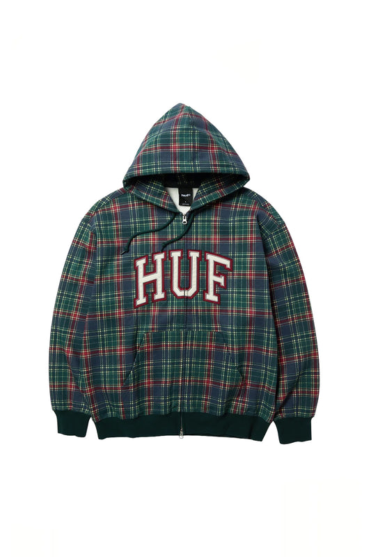 Front view of the HUF Arch Plaid Full-Zip Heavyweight Hoodie in Forest green, tailored from 380gsm 100% cotton fleece in a relaxed boxy cut, showcasing an all-over tartan check pattern in dark green, navy blue, and burgundy red, a split kangaroo pocket, matching drawstring hood, dual-slider YKK front zipper, dark green ribbed cuffs and hem, and a large sewn-on arched collegiate HUF logo chest patch.