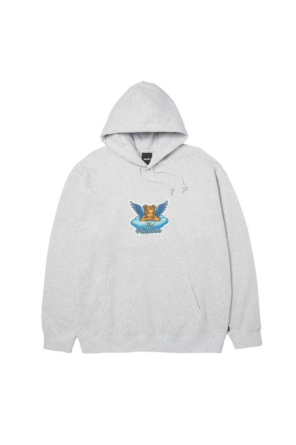 Front flat lay view of the HUF Bliss Pullover Hoodie in heather grey, made from a heavyweight 330g cotton-poly fleece blend, featuring an adjustable drawstring hood, front pouch kangaroo pocket, ribbed cuffs and hem, and a centered chest print of a blue-winged cherub angel resting on a cloud above cursive "Huf Worldwide" lettering with an iridescent silver glitter outline