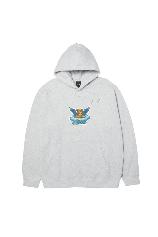 Front flat lay view of the HUF Bliss Pullover Hoodie in heather grey, made from a heavyweight 330g cotton-poly fleece blend, featuring an adjustable drawstring hood, front pouch kangaroo pocket, ribbed cuffs and hem, and a centered chest print of a blue-winged cherub angel resting on a cloud above cursive "Huf Worldwide" lettering with an iridescent silver glitter outline