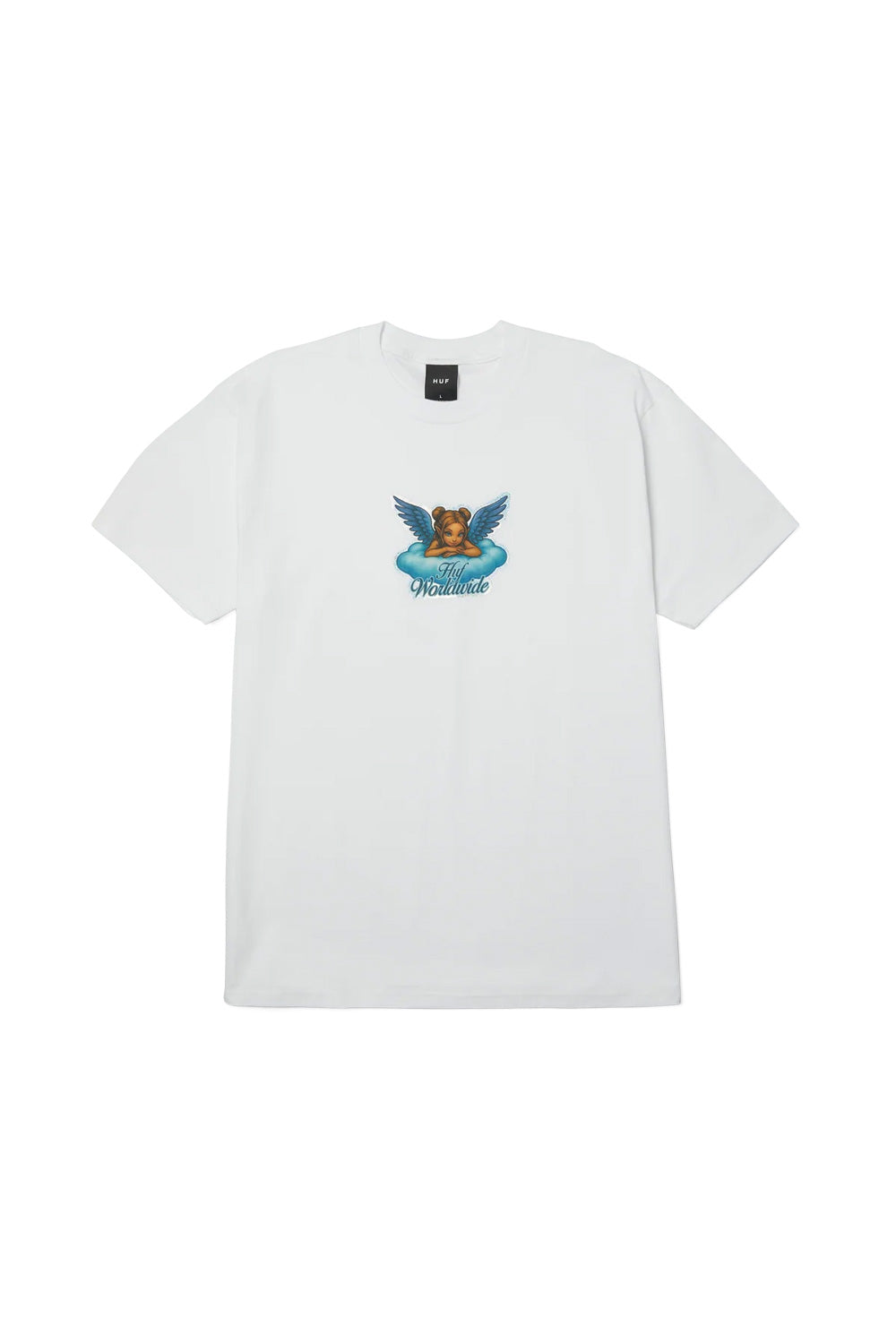 Front flat lay view of the white HUF Bliss T-Shirt, crafted from heavyweight 250g 100% cotton jersey with short sleeves and a ribbed crewneck collar, featuring a centered chest graphic of a winged cherub angel resting on a soft blue cloud above dark blue cursive "Huf Worldwide" typography, framed by an iridescent glitter border