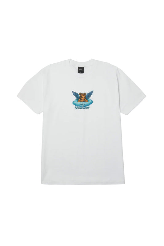 Front flat lay view of the white HUF Bliss T-Shirt, crafted from heavyweight 250g 100% cotton jersey with short sleeves and a ribbed crewneck collar, featuring a centered chest graphic of a winged cherub angel resting on a soft blue cloud above dark blue cursive "Huf Worldwide" typography, framed by an iridescent glitter border