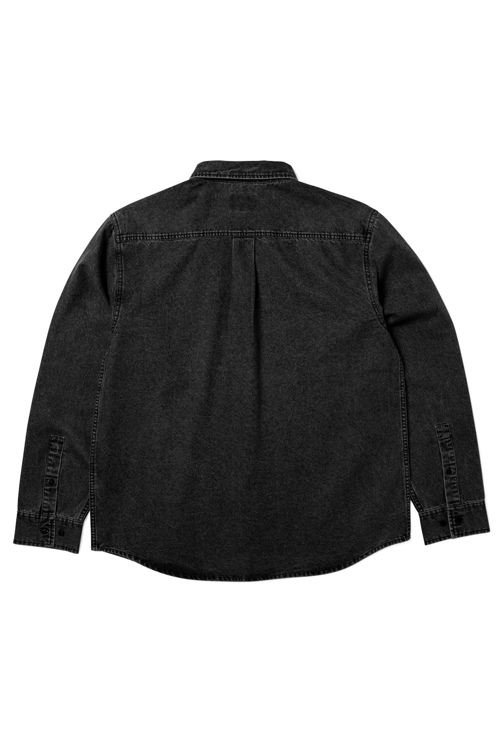 Back flat lay view of the black HUF Carson Overdyed Denim Long Sleeve Shirt, displaying the clean horizontal back shoulder yoke, central box pleat for added movement, double-stitched sleeve seams, and curved lower hem across the vintage-washed denim fabric