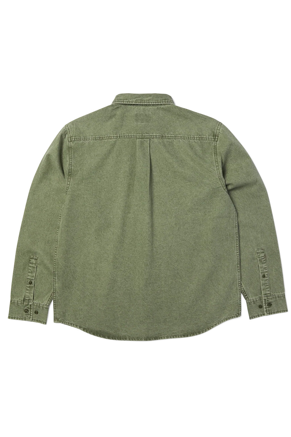 Back flat lay view of the olive green HUF Carson Overdyed Denim Long Sleeve Shirt, displaying the horizontal back shoulder yoke with reinforced double-needle stitching, central box pleat for ease of movement, and curved lower hem across the vintage acid-washed denim fabric