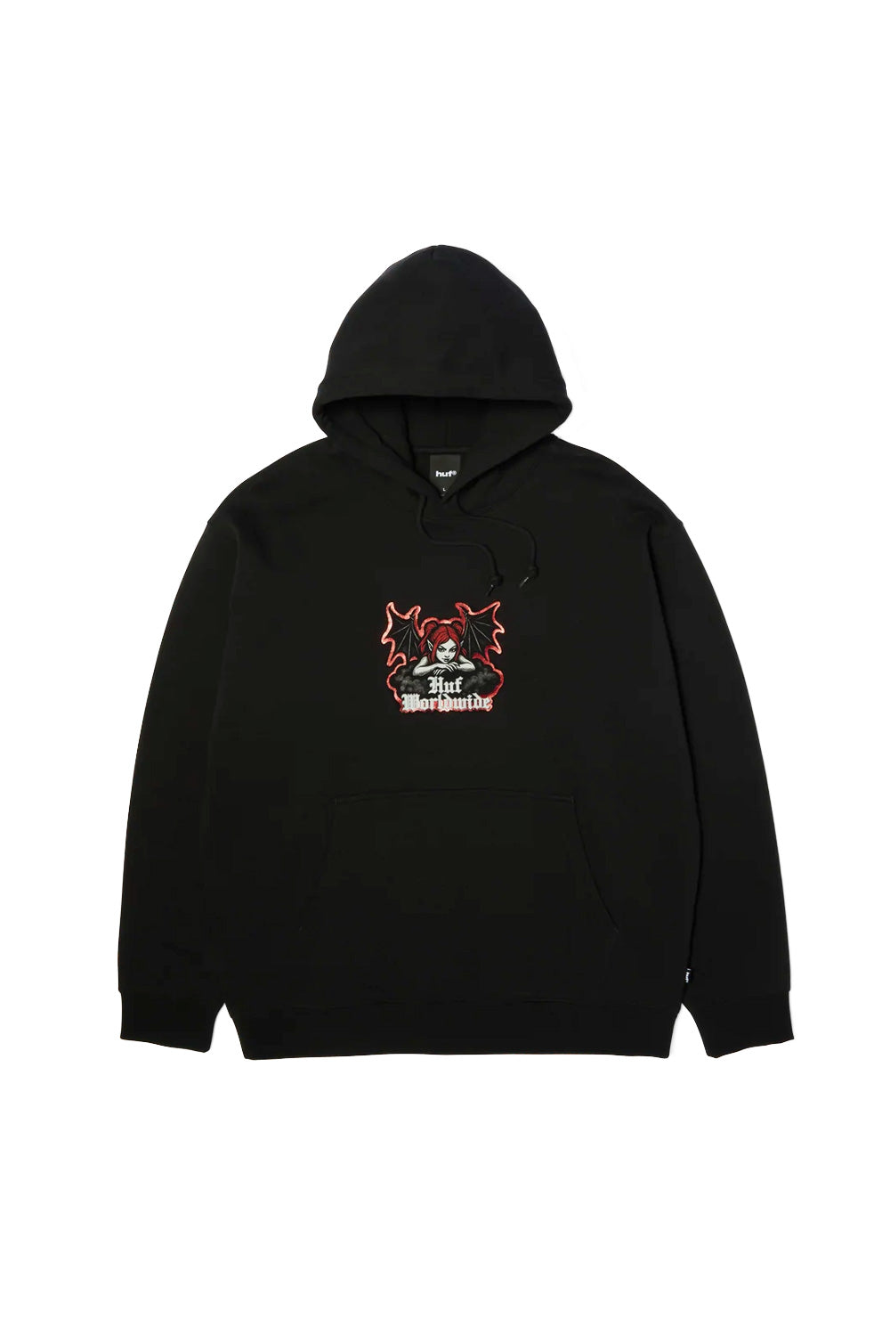 Front flat lay view of the black HUF Chaos Pullover Hoodie, crafted from a heavy 330g cotton-poly fleece blend, featuring an adjustable drawstring hood, ribbed hem and cuffs, front pouch kangaroo pocket, and a centered chest print depicting a horned, red-haired succubus devil girl with bat wings above white Gothic "Huf Worldwide" lettering outlined with red glitter