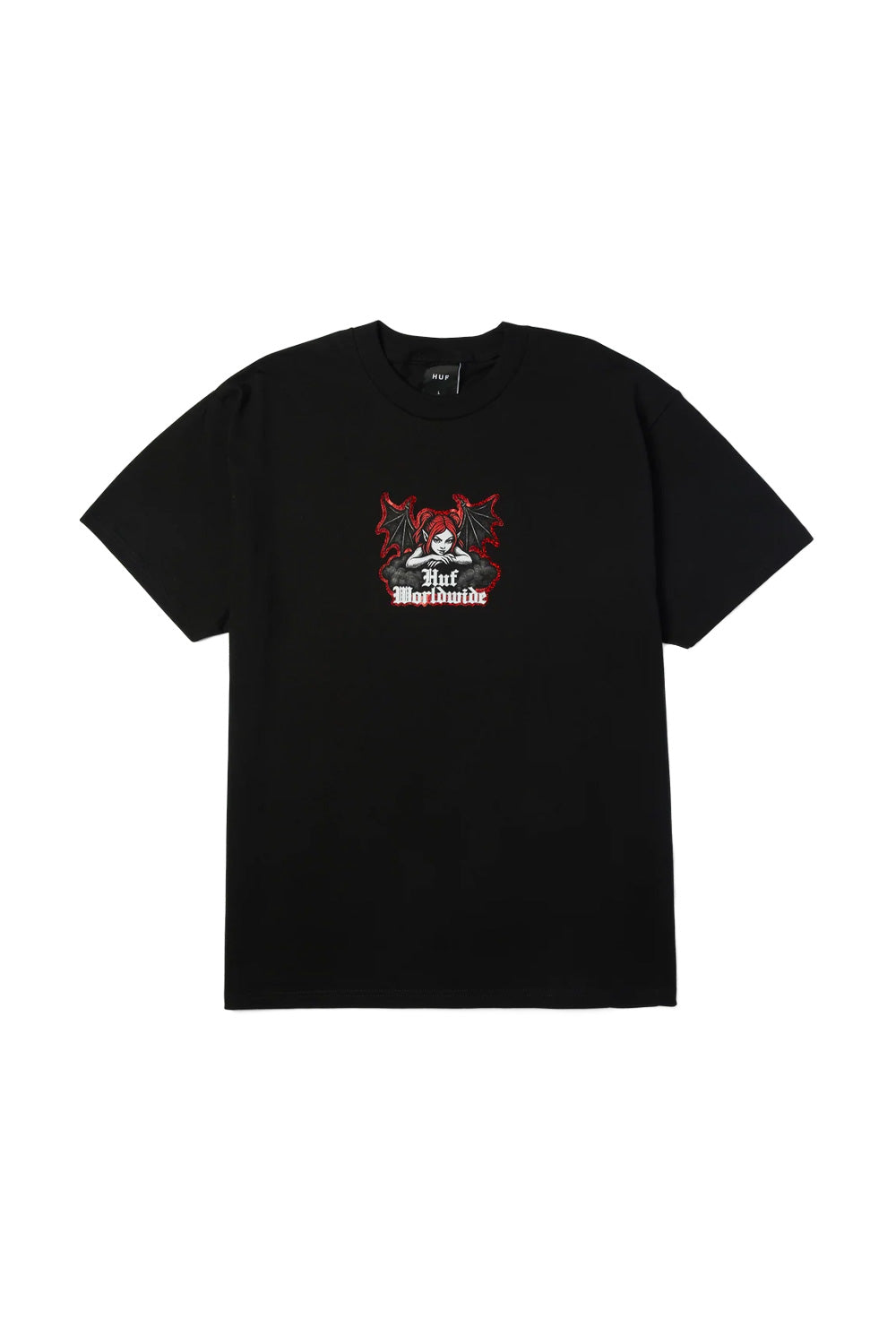 Front flat lay view of the black HUF Chaos T-Shirt, made from heavyweight 250g 100% cotton jersey with short sleeves and a ribbed crewneck, featuring a centered chest graphic of a red-haired succubus devil girl with bat wings resting on a dark cloud above arched white Old English "Huf Worldwide" typography framed by red glitter accents