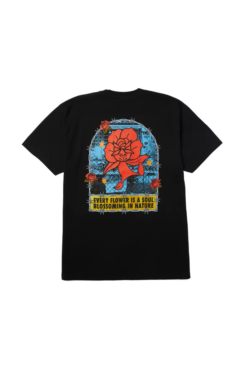 Back flat lay view of the black HUF Flower District T-Shirt, crafted from 250-gram 100% cotton jersey with short sleeves, featuring a large multicolor back print depicting an orange cartoon rose character dancing against a blue sky behind barbed wire fences and rose blooms, framed above yellow banner typography reading "EVERY FLOWER IS A SOUL BLOSSOMING IN NATURE"