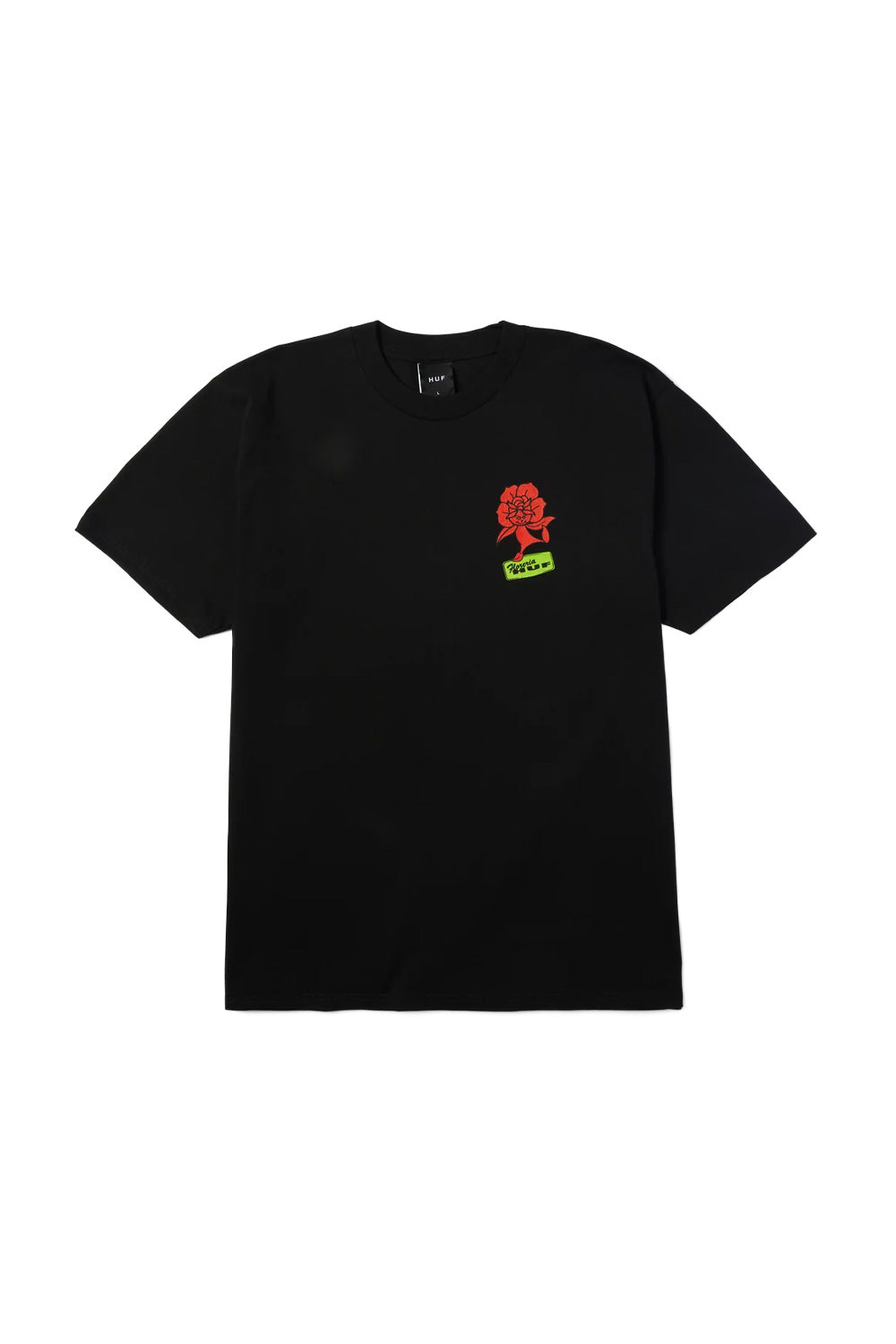 Front flat lay view of the black HUF Flower District T-Shirt, showing the crewneck collar, relaxed skate silhouette, and a small left-chest screen-printed graphic of an orange dancing flower mascot stepping on a lime-green sticker badge reading "Floreria HUF"
