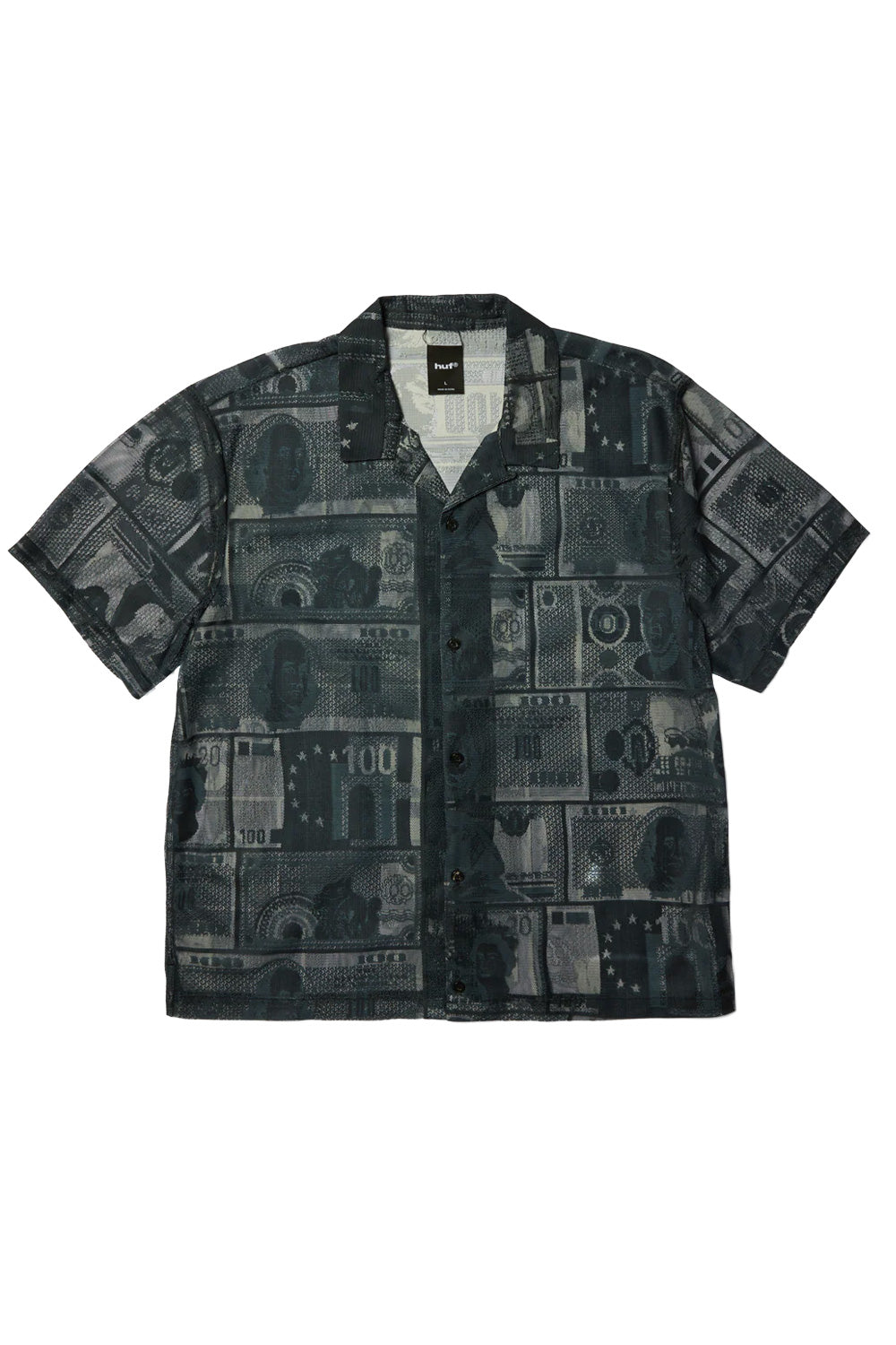 HUF Global Currency S/S Lace Shirt Black featuring an all-over woven banknote pattern, breathable lace construction, relaxed fit and classic short sleeve button-down design