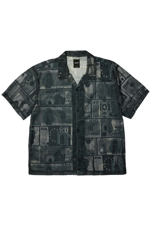 HUF Global Currency S/S Lace Shirt Black featuring an all-over woven banknote pattern, breathable lace construction, relaxed fit and classic short sleeve button-down design