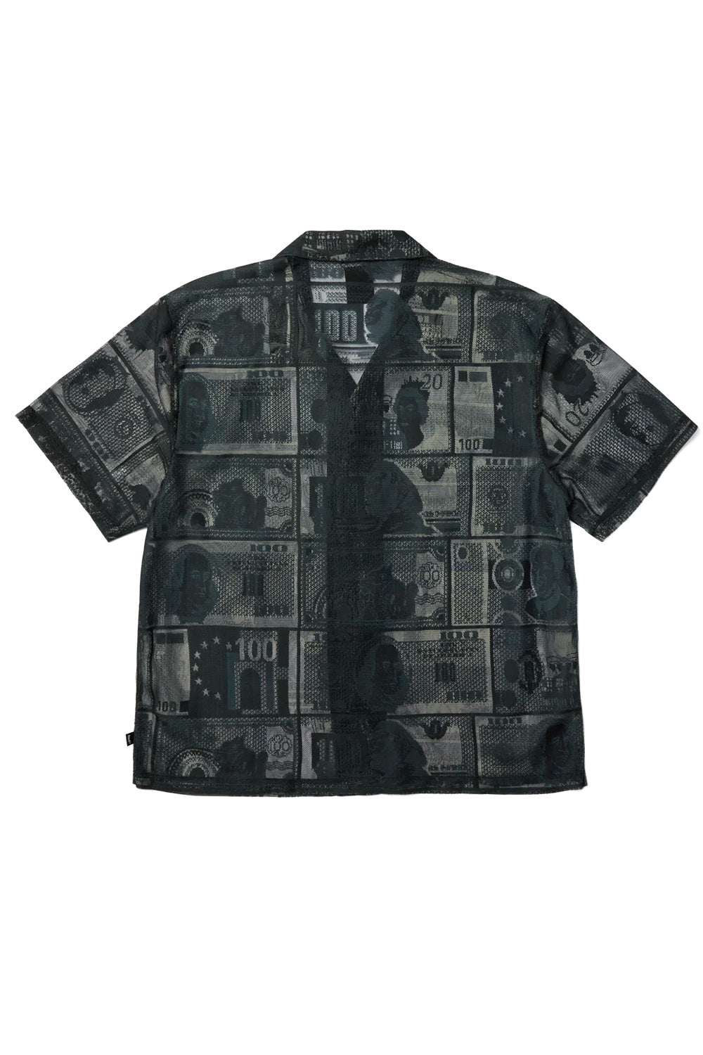 Back view of the HUF Global Currency S/S Lace Shirt Black featuring a full-panel woven currency pattern and breathable mesh construction