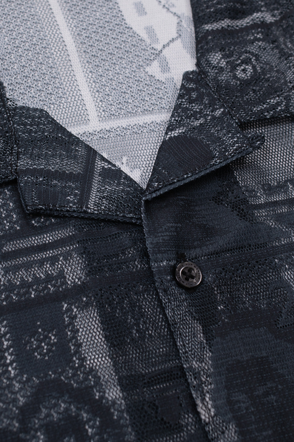 Close-up of the HUF Global Currency Lace Shirt collar featuring woven banknote graphics, classic camp collar and branded button closure