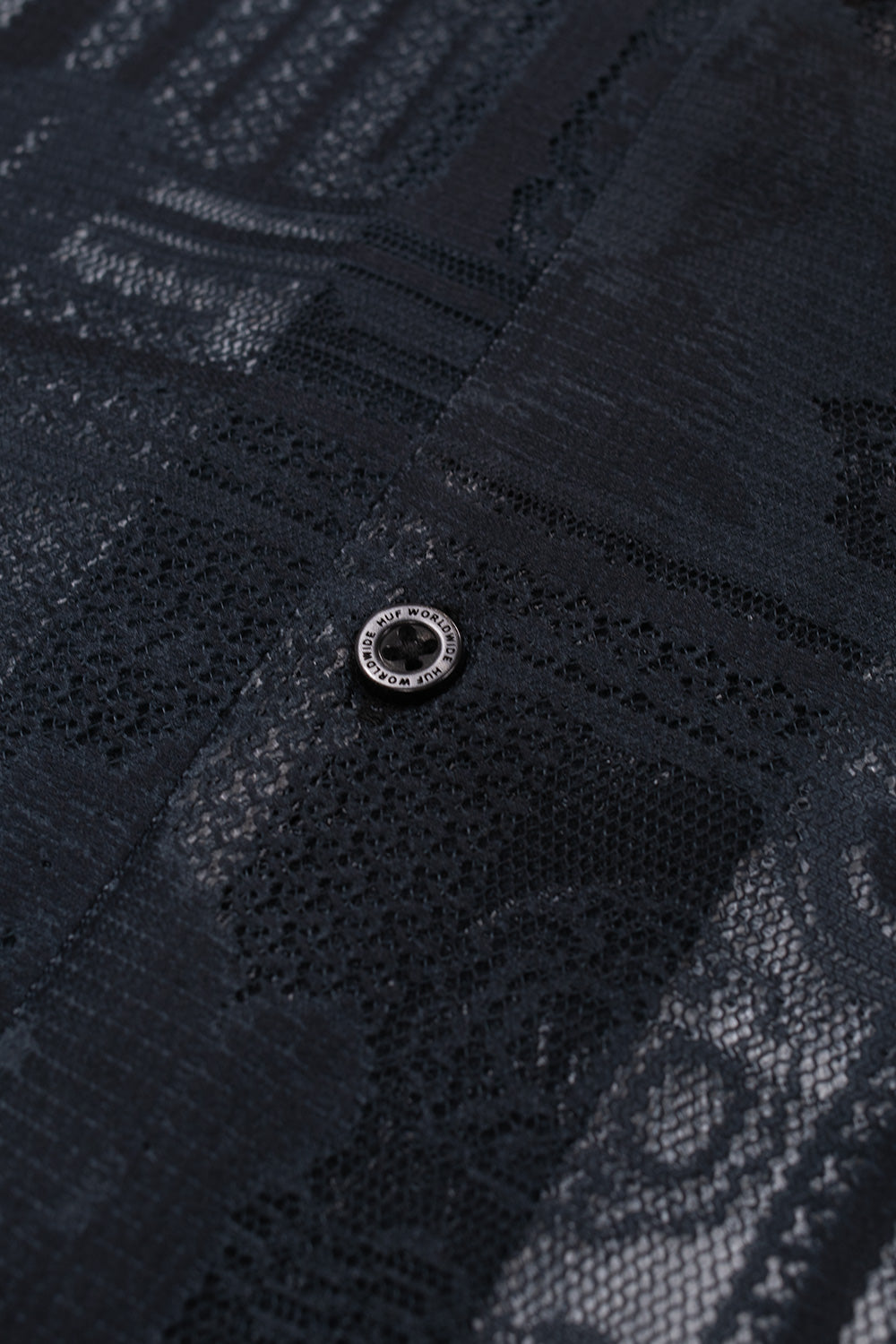 Close-up of the HUF Global Currency Shirt Black featuring woven banknote artwork, breathable lace mesh material and custom HUF branded buttons