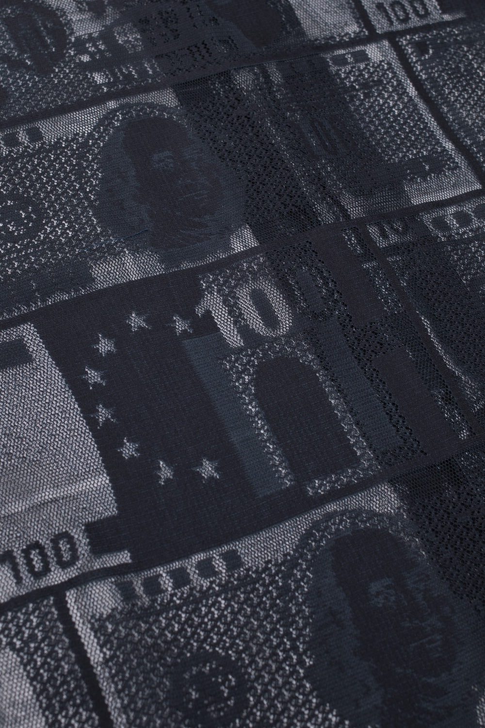 Detailed currency graphic on the HUF Global Currency Lace Shirt featuring woven banknote imagery, monochrome artwork and breathable mesh fabric