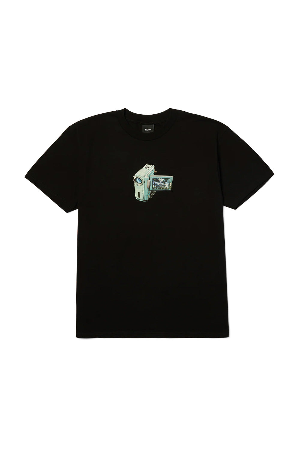 HUF H Cam T-Shirt Black featuring a retro handheld camcorder graphic on the chest, heavyweight 250gsm cotton fabric and premium 100% cotton streetwear construction