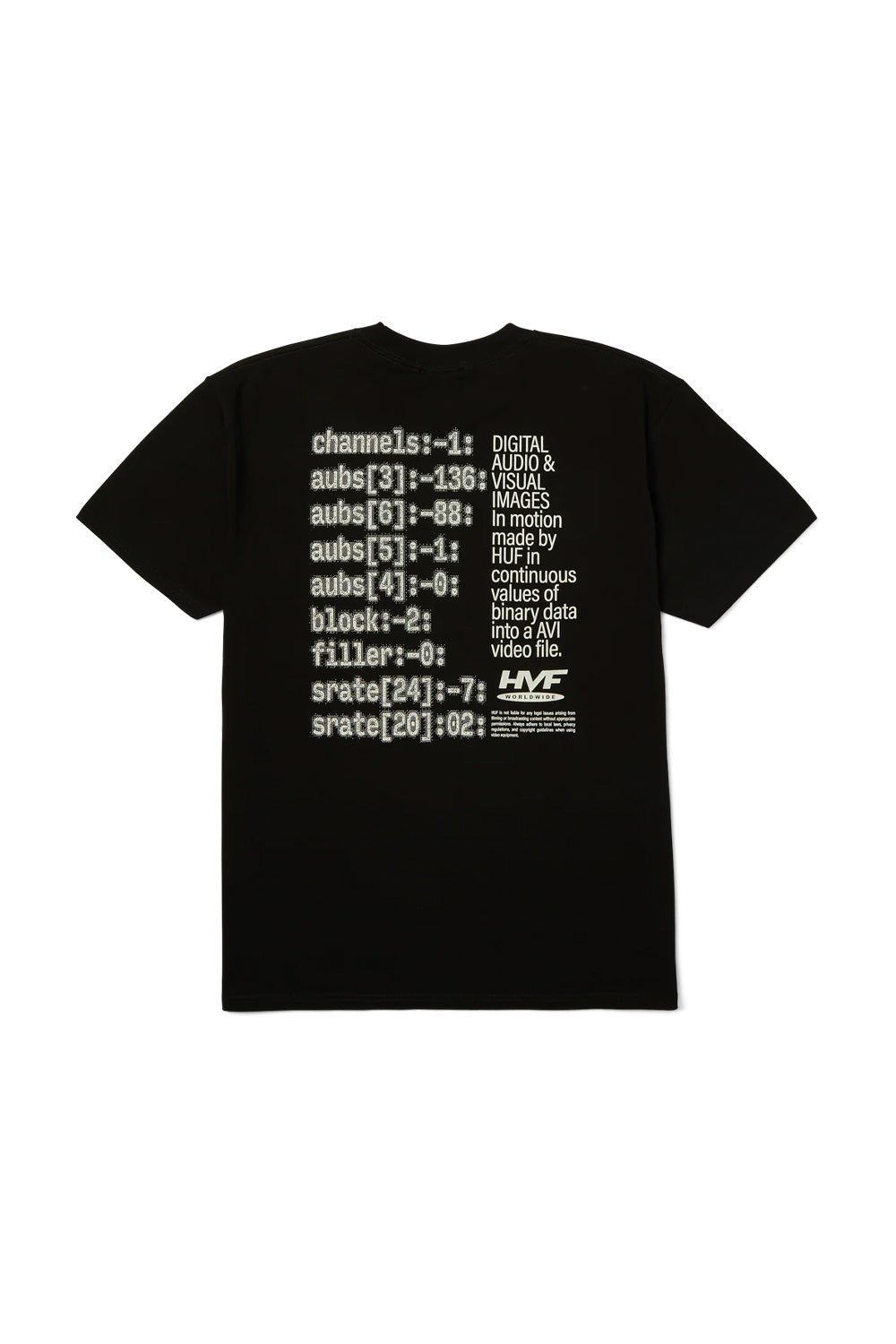 Back view of the HUF H Cam T-Shirt Black featuring large digital data inspired graphics, AVI video file artwork and bold HUF Worldwide branding