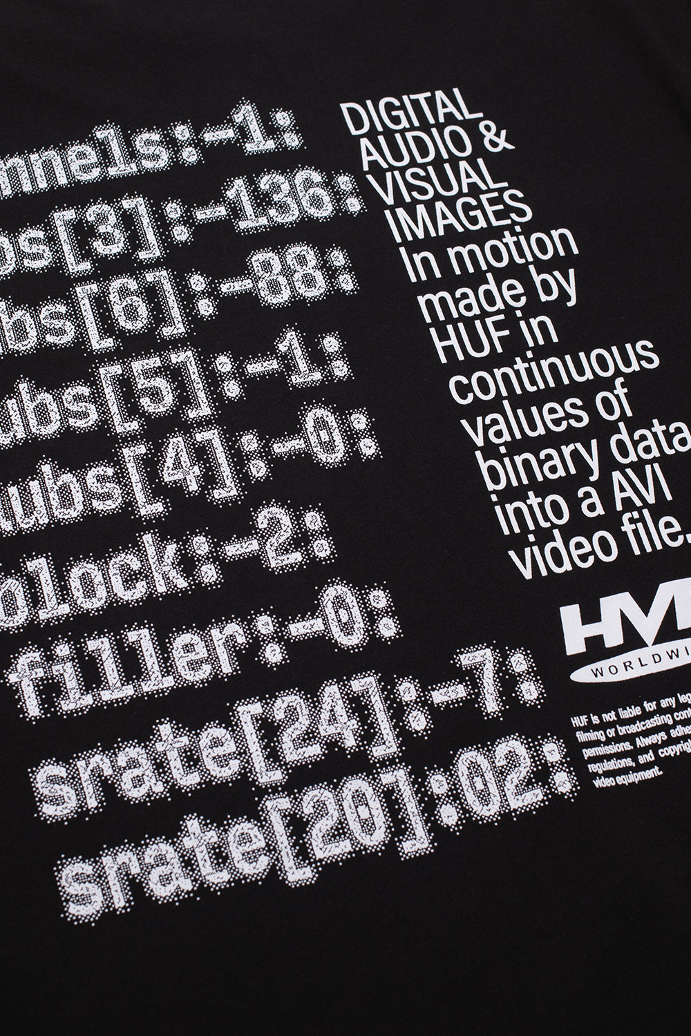 Close-up of the HUF H Cam back print featuring digital audio and visual typography, AVI file references and HUF Worldwide logo branding