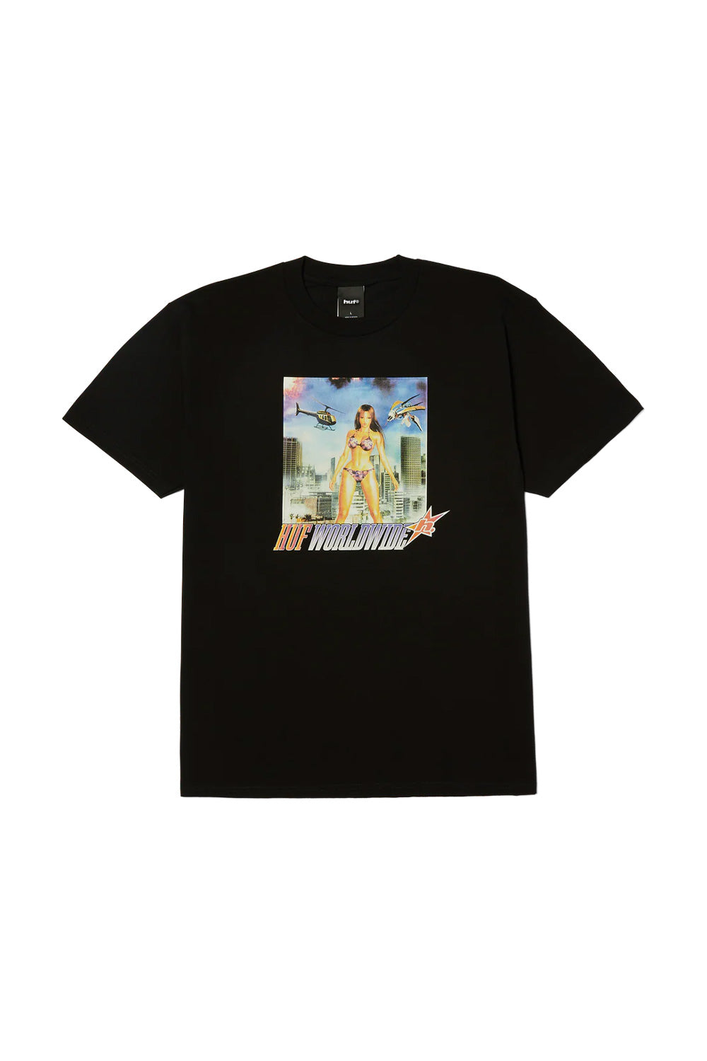 HUF In The Skies T-Shirt Black featuring a vibrant chest graphic with futuristic cityscape artwork, helicopter and HUF Worldwide logo, crafted from heavyweight 250gsm cotton