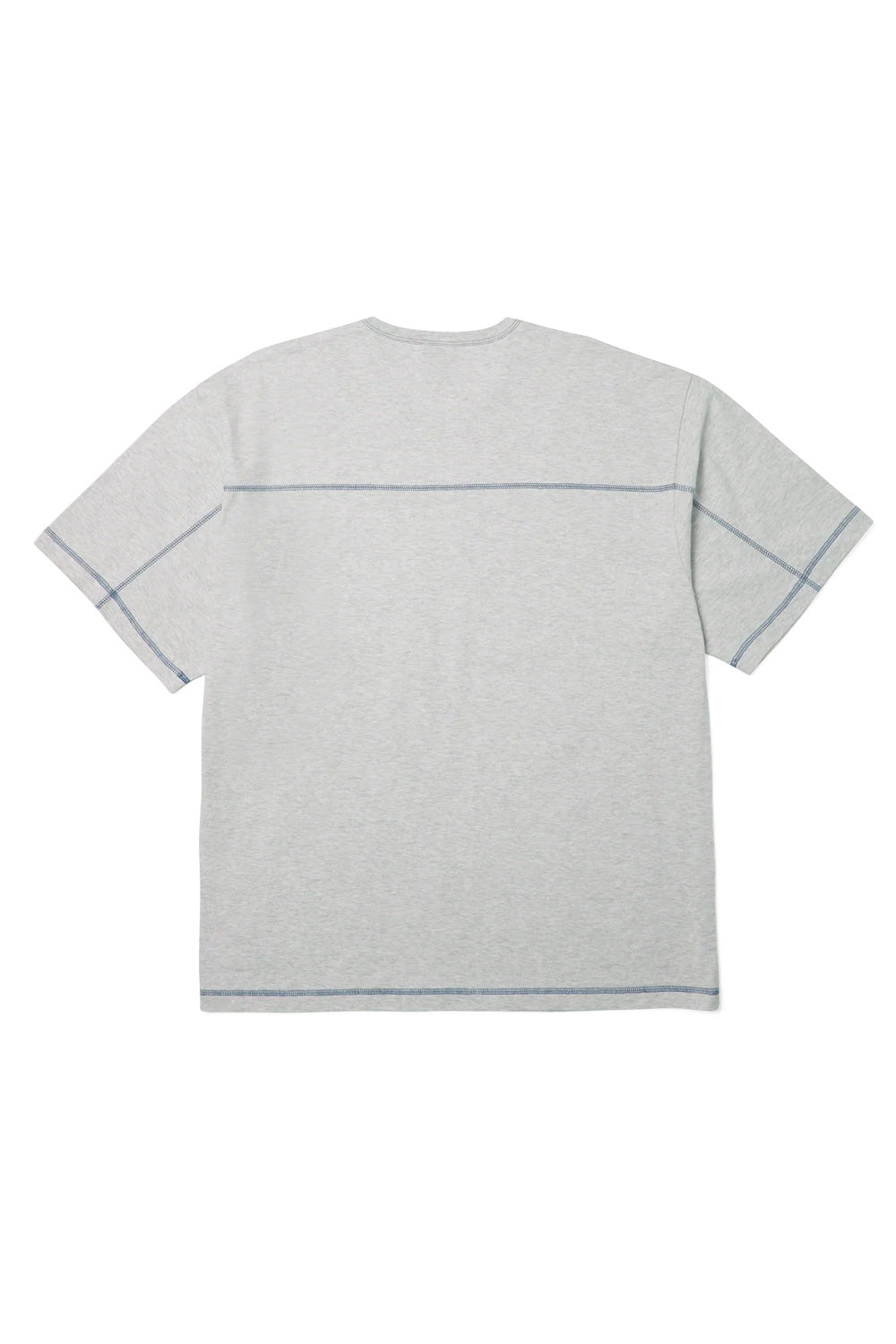 Back view of the oversized HUF Legacy Football T-Shirt in heather grey, highlighting the relaxed drop-shoulder cut, crewneck collar, and horizontal football jersey yoke seam accentuated by dark blue contrast coverstitching across the upper back and sleeves.