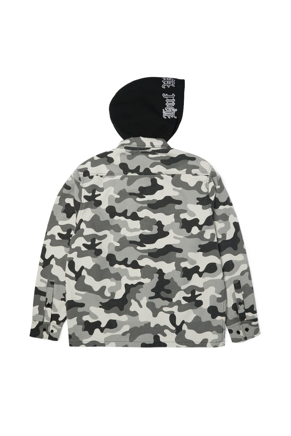 Back view of the HUF Olympia Camo Hooded Overshirt, showcasing the horizontal back shoulder yoke, straight hemline, buttoned wrist cuffs, and the black fleece hood draped back with Gothic Huf Worldwide embroidery visible along the side rim.