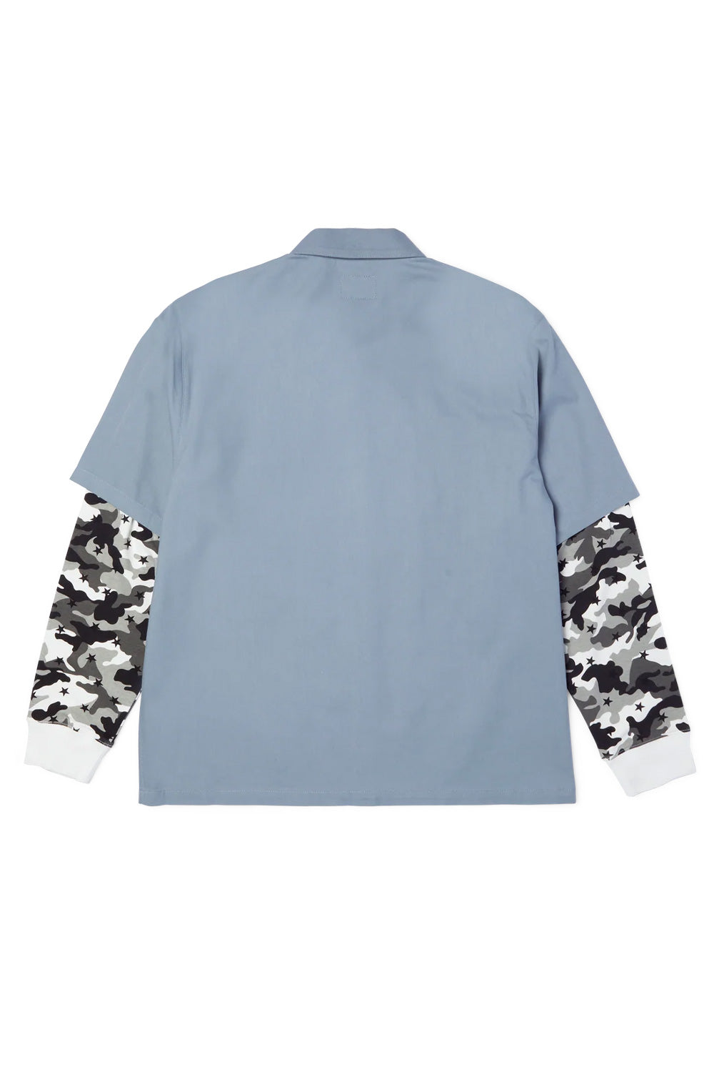 Back flat lay view of the HUF Shadows Long Sleeve Work Shirt in light blue, highlighting the clean, solid back yoke and body panel constructed from 258-gram cotton-viscose fabric, paired with sewn-in grey camouflage patterned sleeves and white wrist cuffs