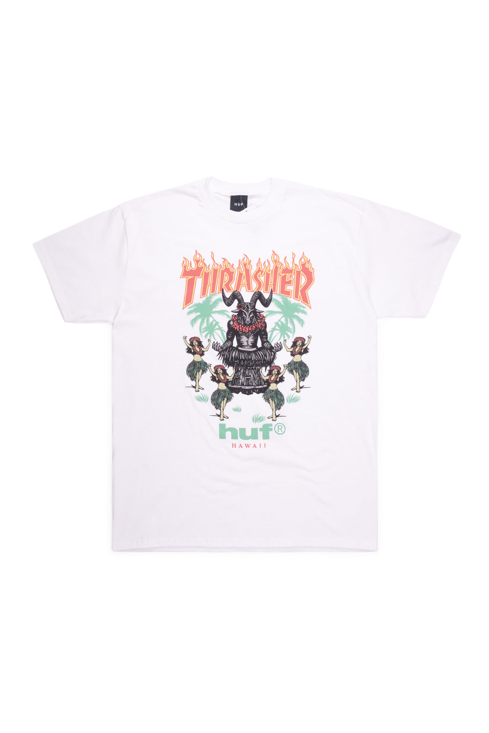 HUF x Thrasher Goat Luau T-Shirt White, limited collab tee featuring Hawaiian Skate-Goat artwork printed on premium cotton.