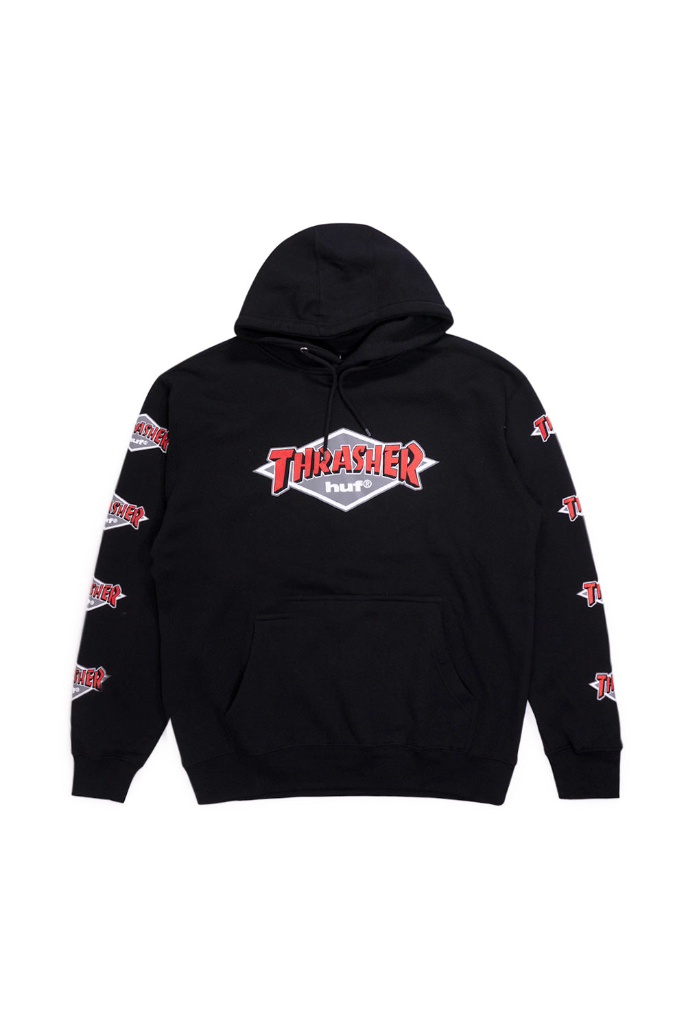 HUF x Thrasher Logo Hoodie Black, limited skate collaboration hoodie with vintage chest and sleeve graphics and adjustable drawstring hood.