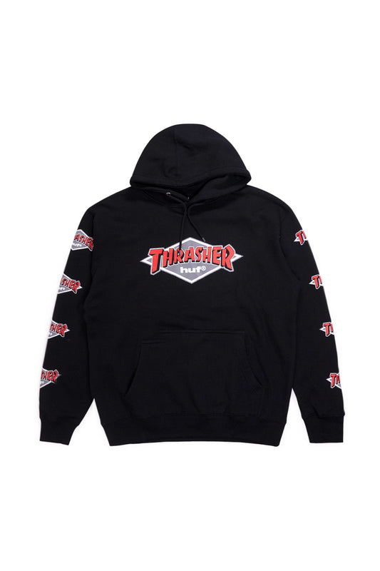 HUF x Thrasher Logo Hoodie Black, limited skate collaboration hoodie with vintage chest and sleeve graphics and adjustable drawstring hood.