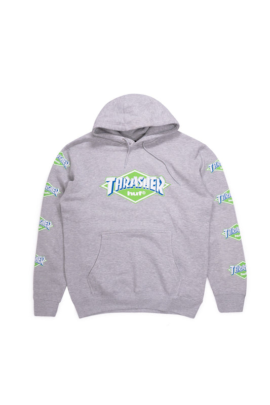 HUF x Thrasher Logo Hoodie Heather Grey, limited-edition skate hoodie with vintage graphic prints on chest and sleeves for classic street style.