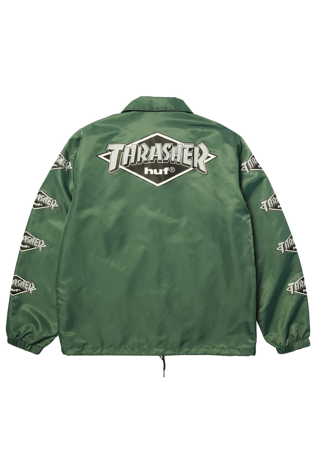 HUF x Thrasher Logo Jacket Forest Green, limited-edition coaches jacket with vintage graphics on back and sleeves and white tricot lining.