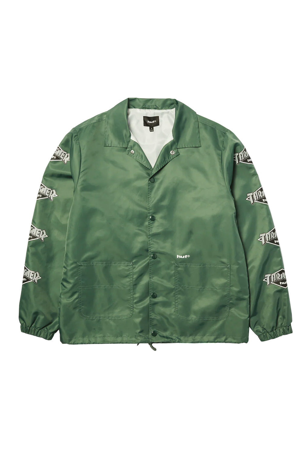 Forest Green HUF Thrasher Logo Jacket, nylon skate coaches jacket featuring classic front print, patch pockets, and adjustable drawstring hem.