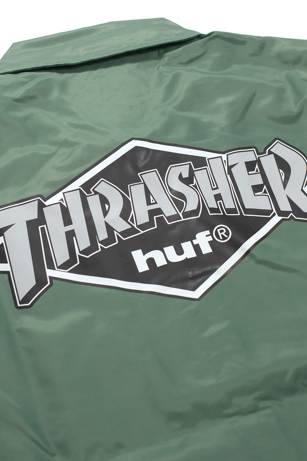 Limited HUF x Thrasher Mag Logo Jacket Forest Green, retro-inspired outerwear with bold sleeve graphics and snap-button front closure.