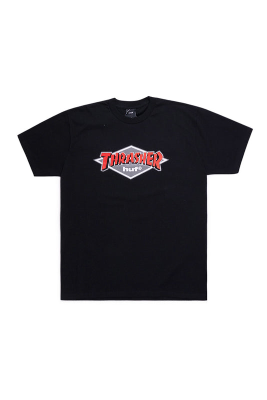 HUF x Thrasher Logo T-Shirt Black, limited capsule collection tee with vintage chest graphic and premium 100% cotton construction.