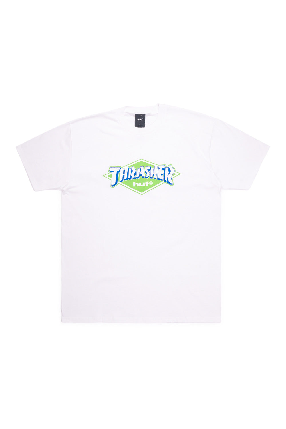 HUF x Thrasher Logo T-Shirt White, limited-edition skate tee with vintage-inspired front graphic and premium 100% cotton construction.