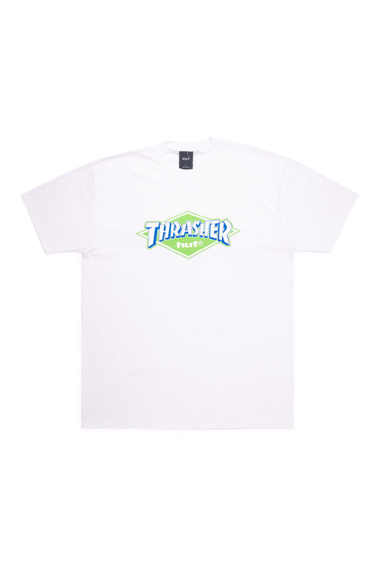 HUF x Thrasher Logo T-Shirt White, limited-edition skate tee with vintage-inspired front graphic and premium 100% cotton construction.