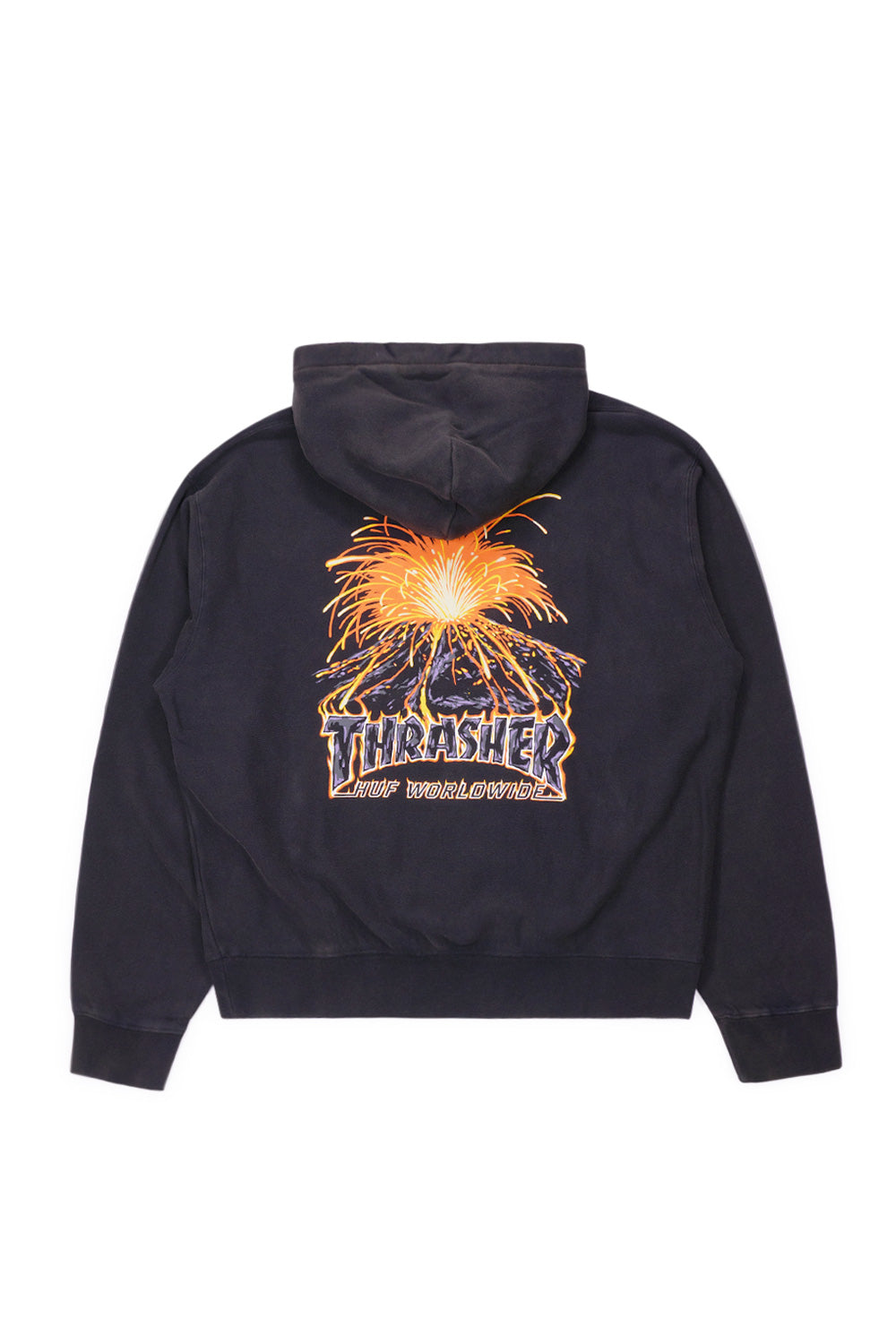 HUF x Thrasher Meltdown Hoodie Washed Black, heavyweight 420g cotton fleece with volcanic chest and back graphics from the limited capsule collection.