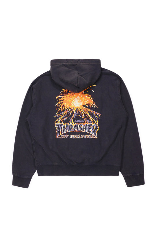 HUF x Thrasher Meltdown Hoodie Washed Black, heavyweight 420g cotton fleece with volcanic chest and back graphics from the limited capsule collection.