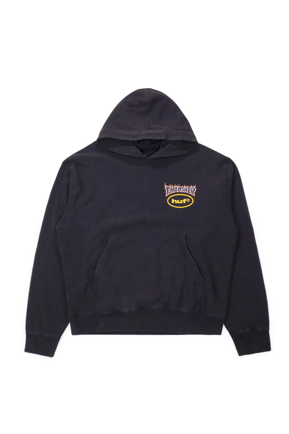 Washed Black HUF x Thrasher Meltdown Heavyweight Hoodie featuring bold volcano artwork, wide relaxed fit, and premium 100% cotton construction.