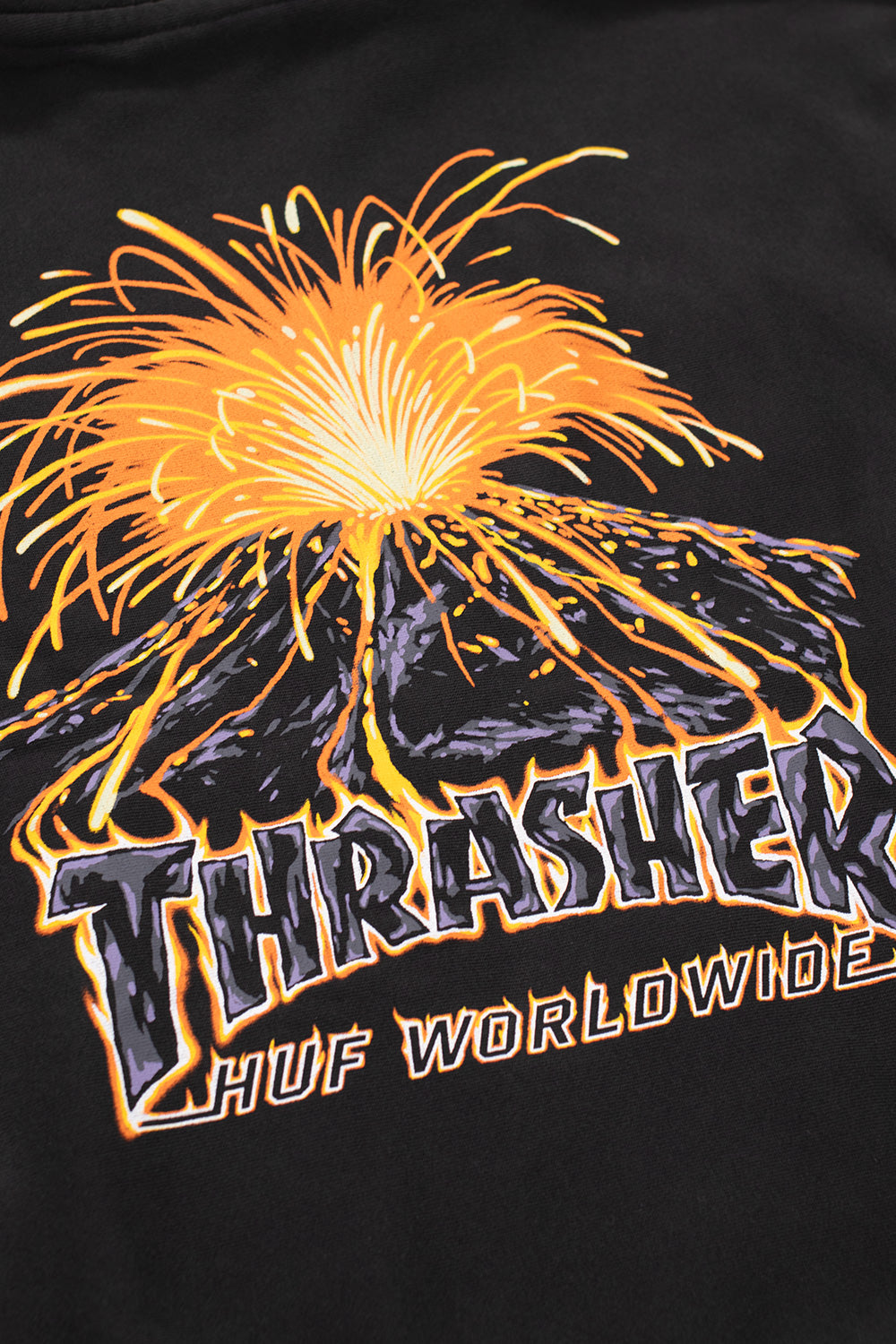 Limited HUF x Thrasher Meltdown Hoodie Washed Black, pigment-dyed skate hoodie with front kangaroo pocket and full volcanic print.