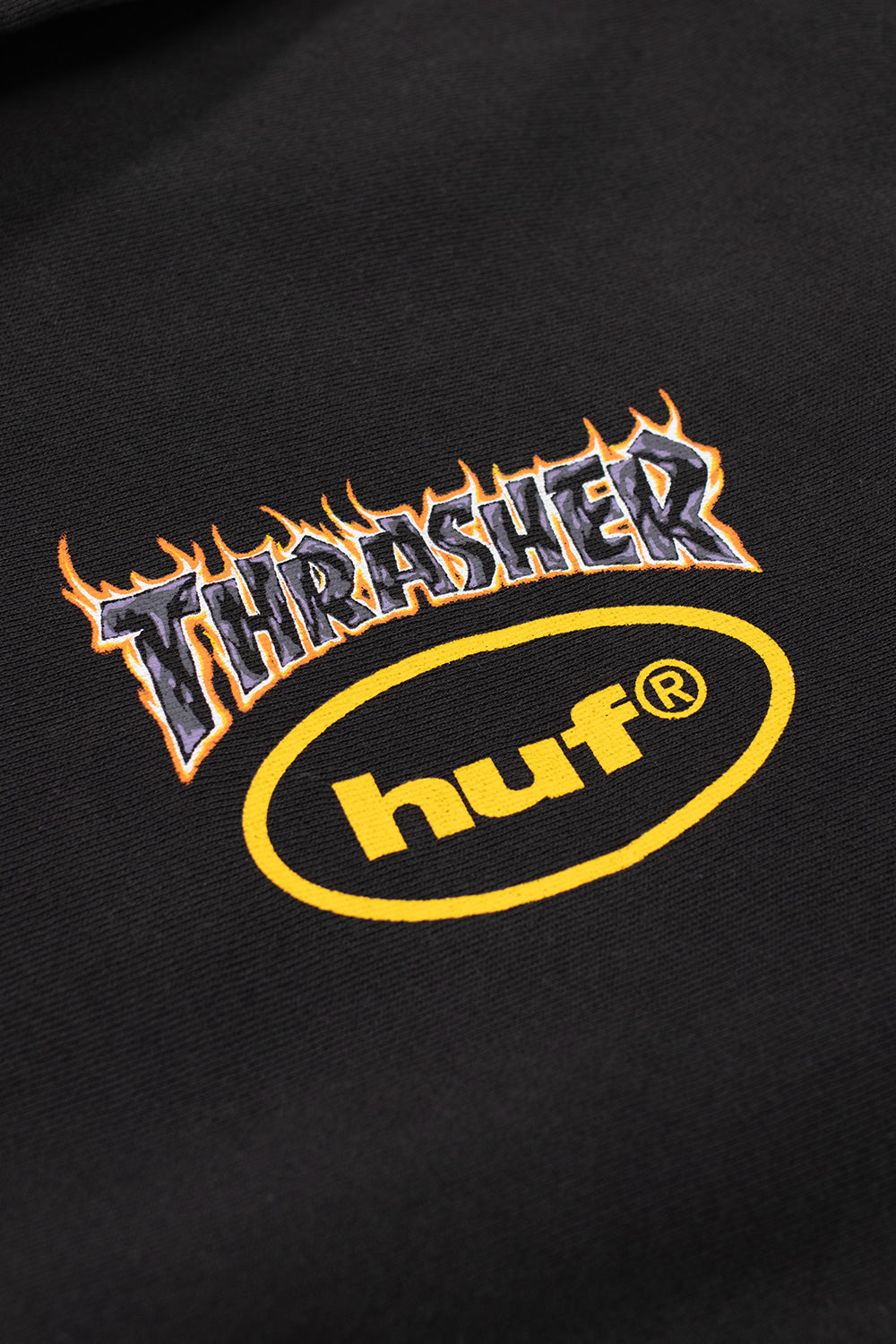 HUF Thrasher Meltdown Washed Black hoodie, heavyweight streetwear piece with lava-inspired graphics and relaxed silhouette made from durable cotton fleece.
