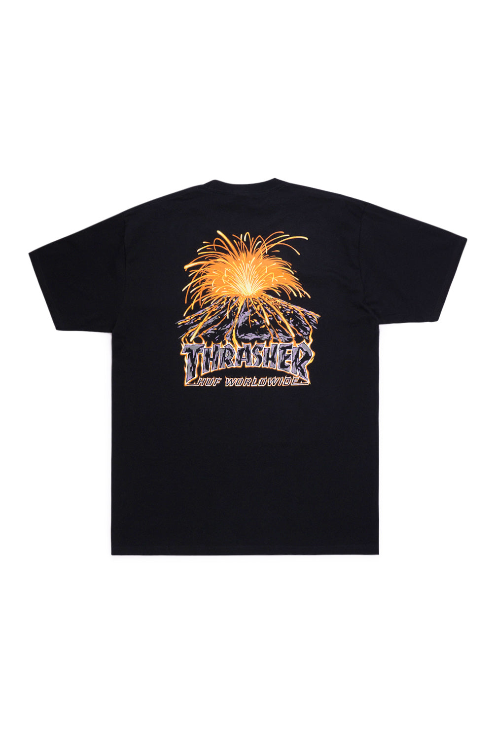 HUF x Thrasher Meltdown T-Shirt Black, limited-edition skate tee with bold volcano graphics printed on chest and back.