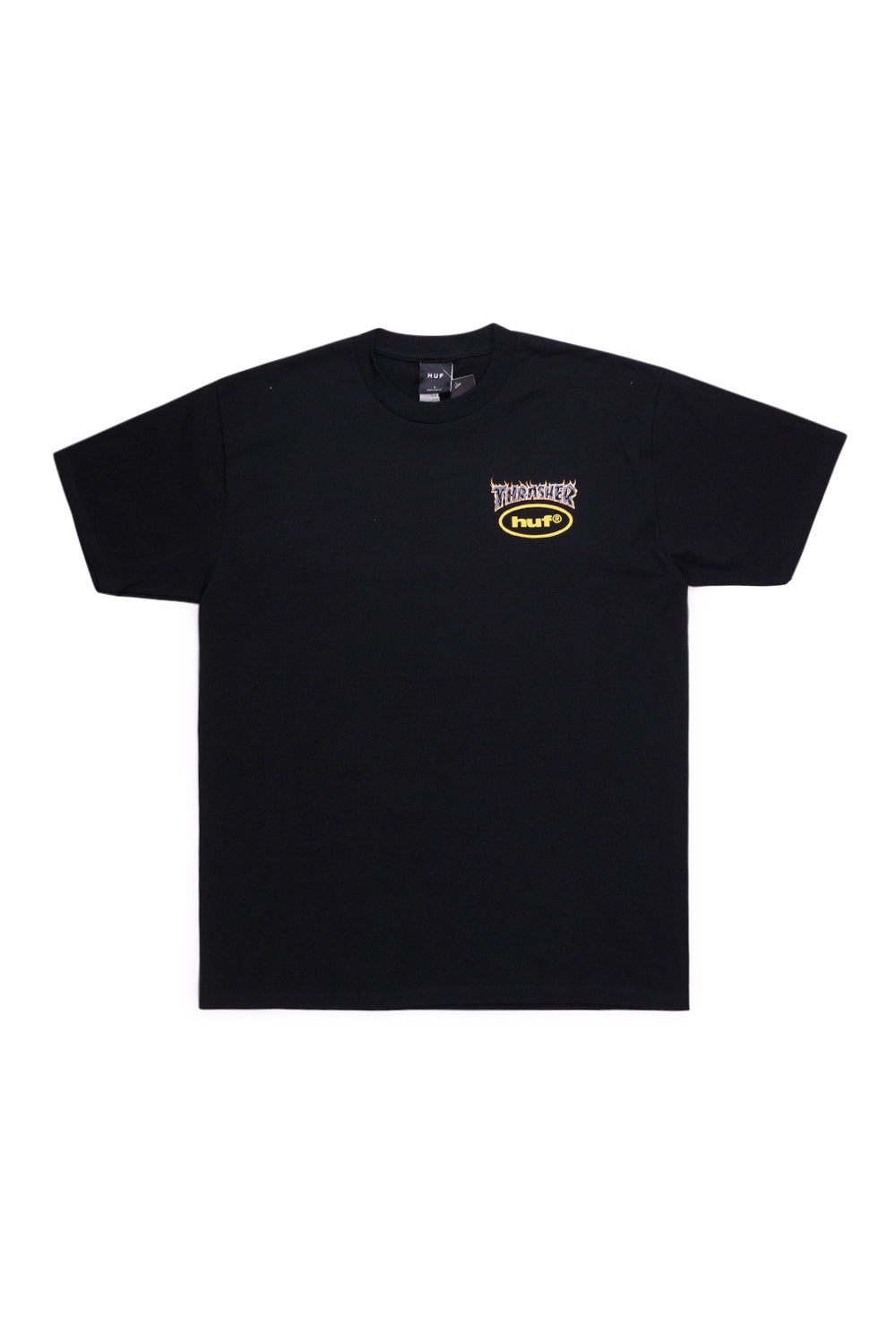 Black HUF Thrasher Meltdown shirt featuring volcanic artwork, 100% cotton fabric, and exclusive capsule collection design.