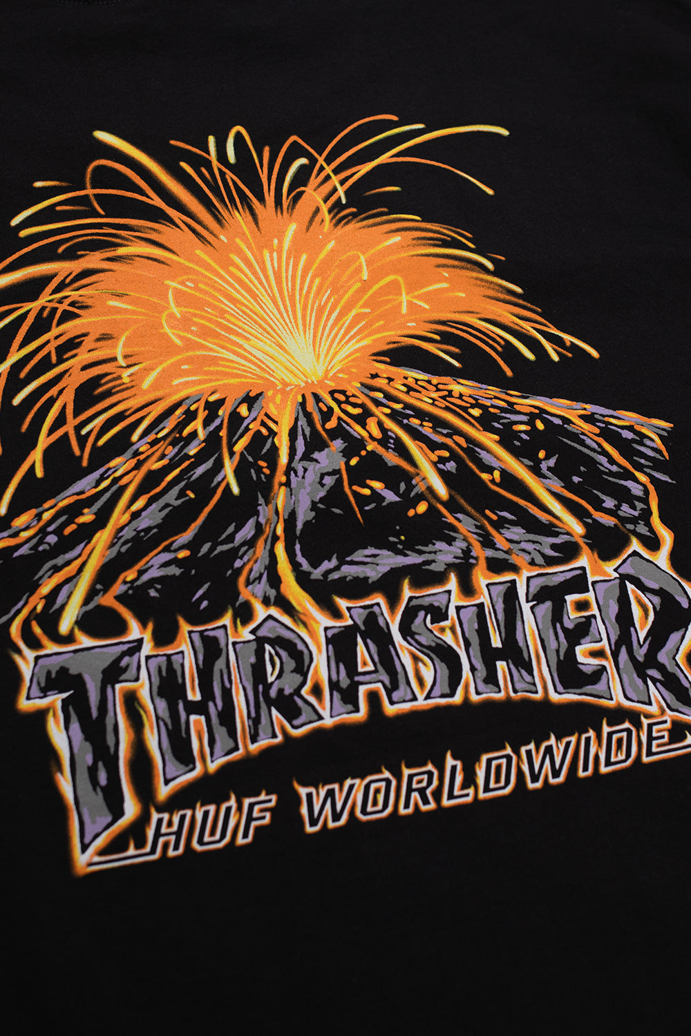 Unisex HUF x Thrasher Meltdown Black Tee, Mexico-made skate T-shirt with fiery volcano prints and clean streetwear silhouette.