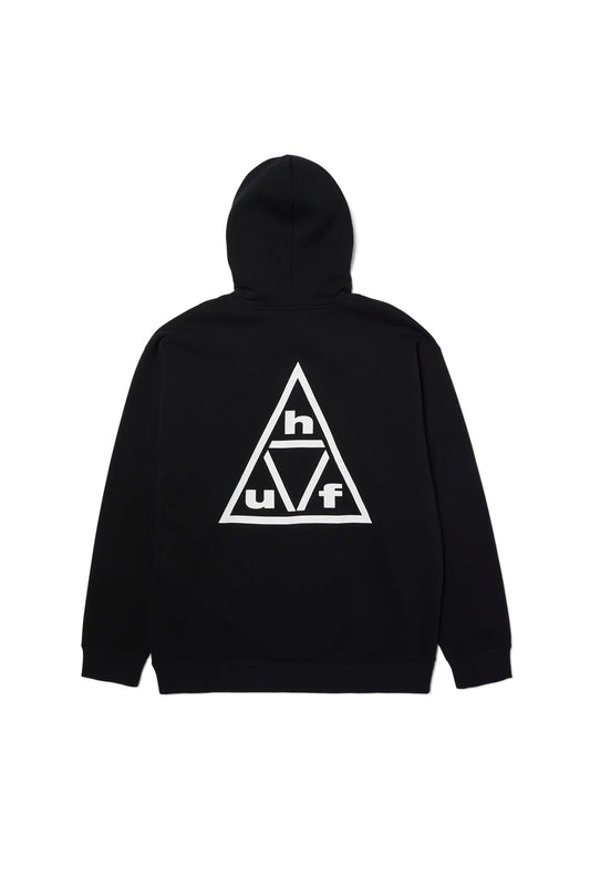 HUF Triple Triangle PO Hoodie Black White featuring the iconic oversized Triple Triangle logo print on the back, heavyweight 330gsm cotton blend fleece and premium skate streetwear design