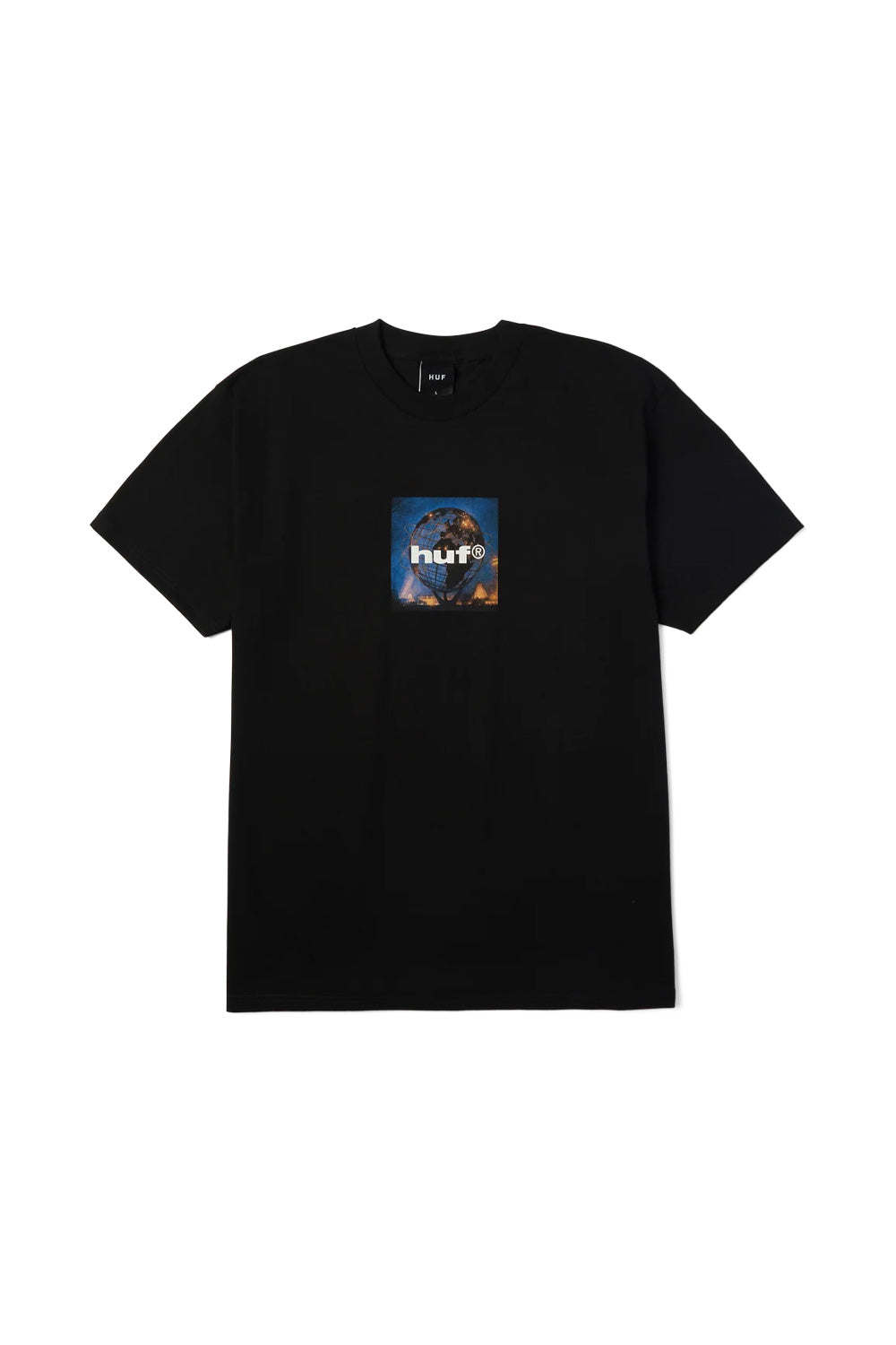 Front view of the black HUF Unisphere T-Shirt, crafted from heavy 250gsm 100% cotton jersey with a classic crewneck skate cut, featuring a vibrant square photo print on the center chest of the illuminated Queens New York Unisphere steel globe monument at night under clean white HUF logo lettering.