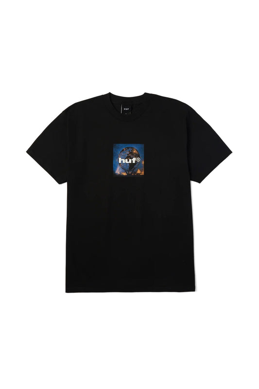 Front view of the black HUF Unisphere T-Shirt, crafted from heavy 250gsm 100% cotton jersey with a classic crewneck skate cut, featuring a vibrant square photo print on the center chest of the illuminated Queens New York Unisphere steel globe monument at night under clean white HUF logo lettering.
